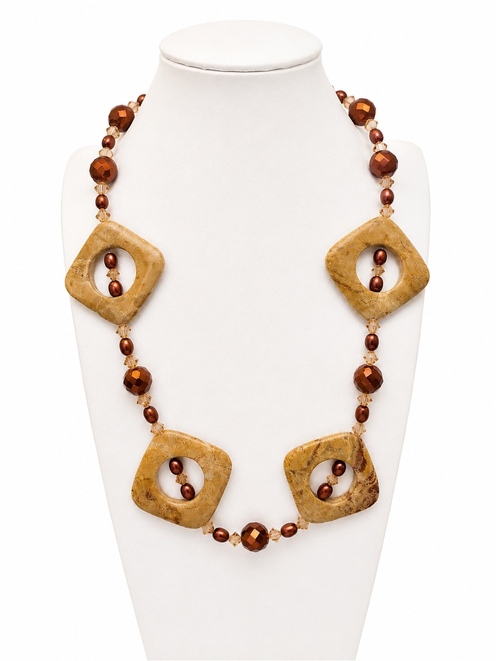 Vintage Genuine Stone &‎ Acrylic Beaded Statement Necklace Earth Tone Boho 21”